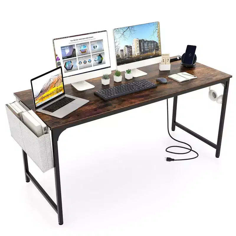 Costway 60 Modern Computer Desk with Charging Station with Storage Bag & Headphone Hook Borwn