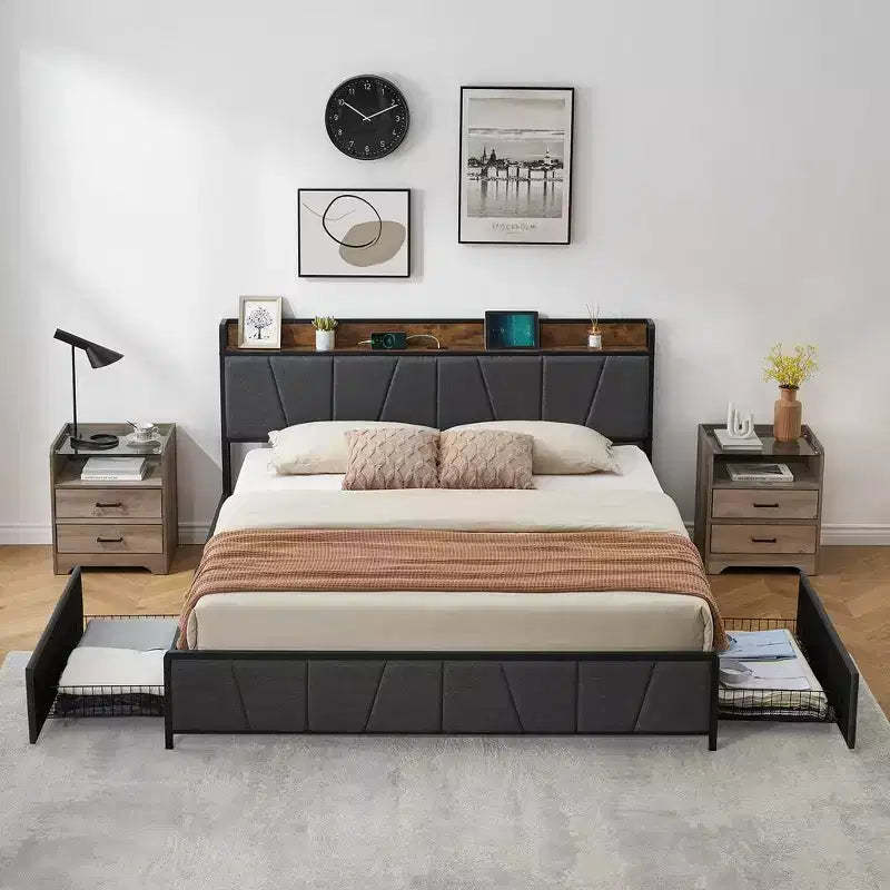 Twin/Full/Queen/King Size Bed Frame with 2 Storage Drawers and Charging Station