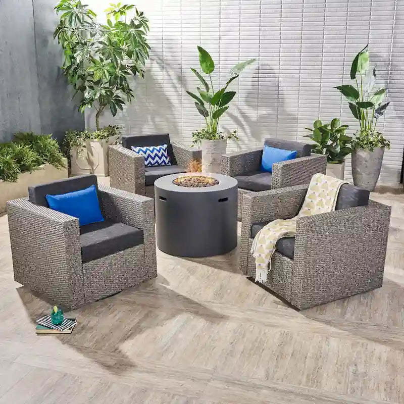 Eli Outdoor 4 Piece Swivel Club Chair Set with Round Fire Pit by Christopher Knight Home