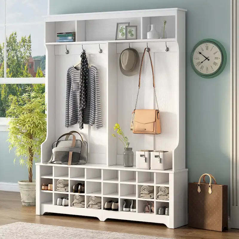 Hallway Coat Rack with Bench 60 Wide Hall Tree with Ample Storage Space and 24 Shoe Cubbies , White ( OLD SKU: WF286983AAK )