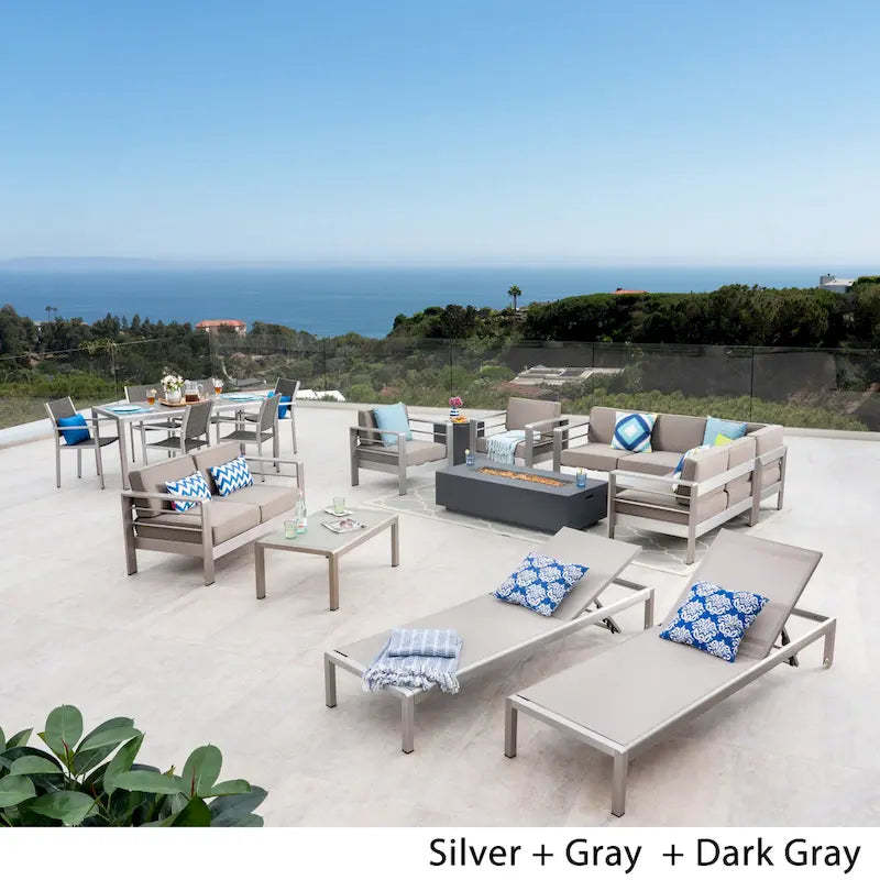Cape Coral 7 Piece Dining Set and Sofa Set and 4pc Chat Set and Fire Pit and 2 Chaise Lounges by Christopher Knight Home