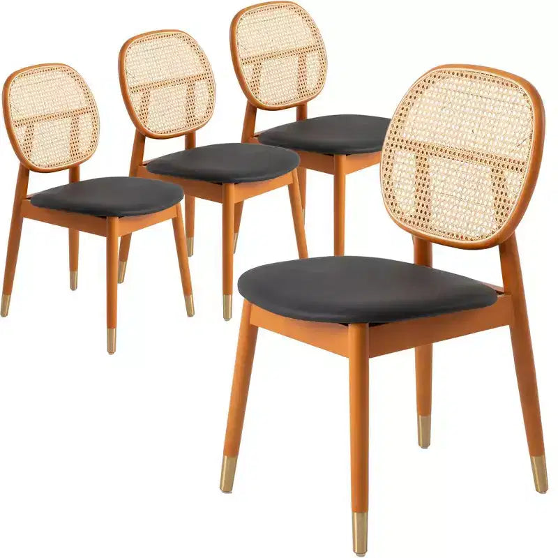 LeisureMod Holbeck Wicker Dining Chair with Upholstered Leather Seat and Beech Wood Legs, Set of 4
