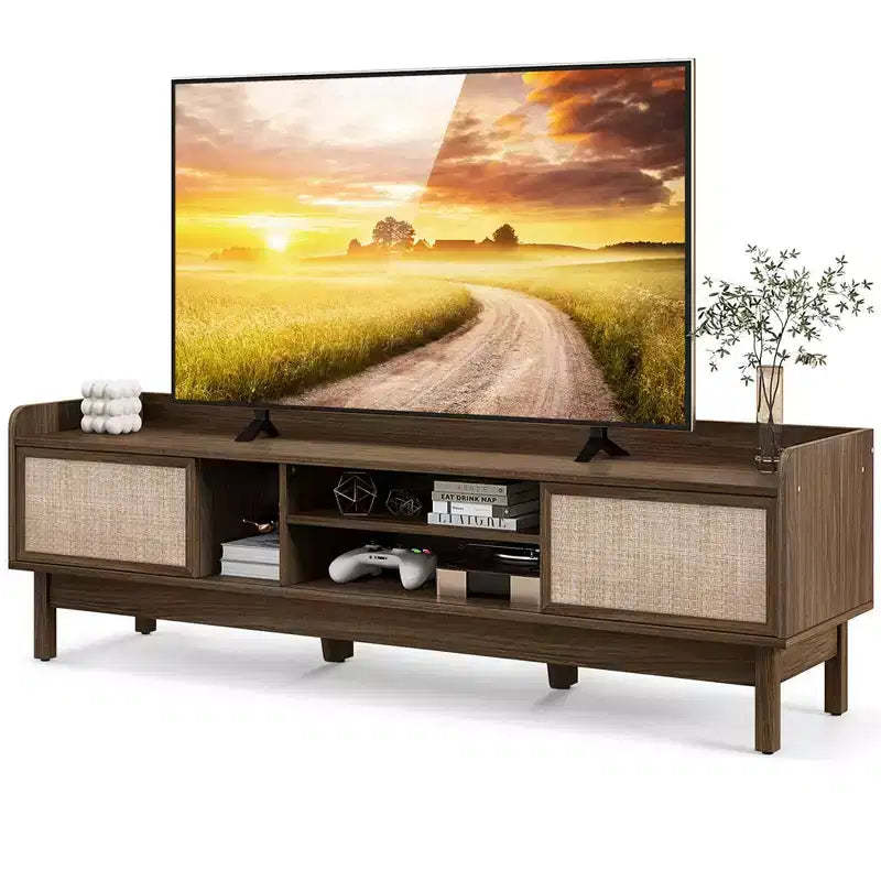 Costway Wooden TV Stand for TVs up to 65 with Storage Adjustable Shelf & Sliding Doors Walnut