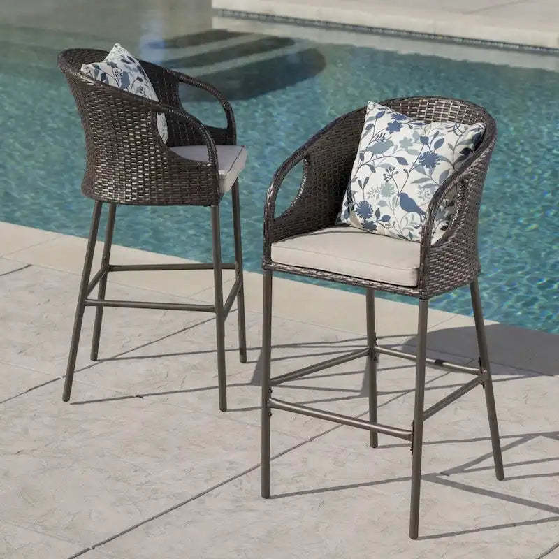 Dominica Outdoor Wicker Barstool with Cushions (Set of 2) by Christopher Knight Home