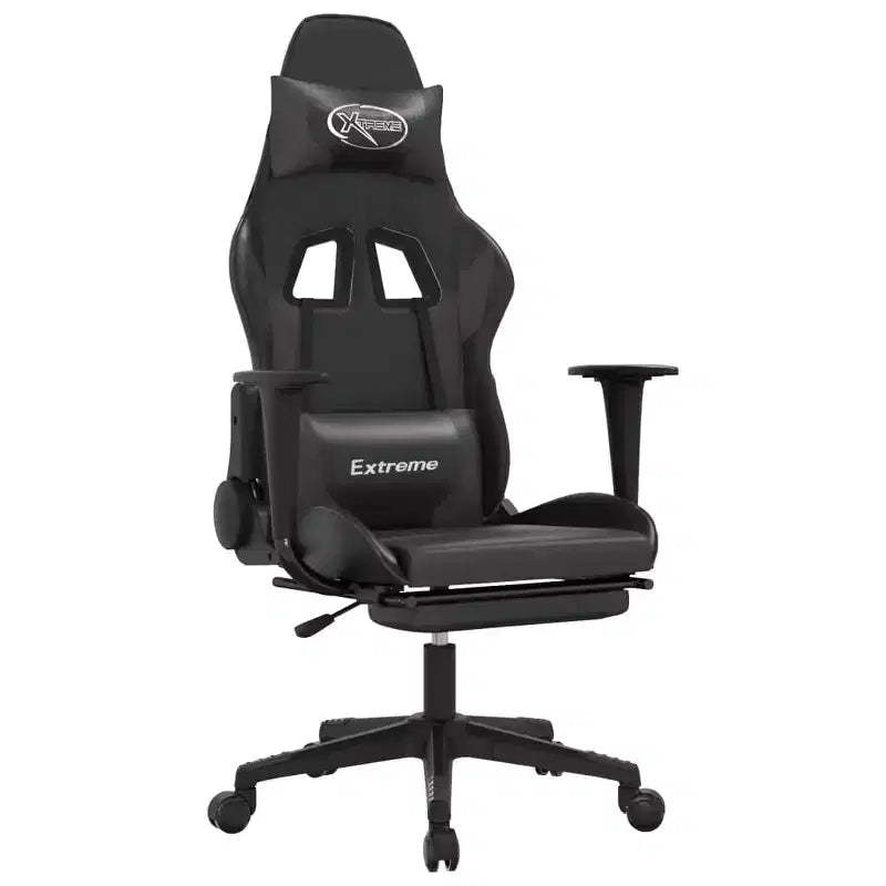 vidaXL Adjustable Gaming Chair - Black and Gray, Faux Leather, Ergonomic Design, 360-Degree Swivel, Rolling Castors, Reclining Backrest and Footrest