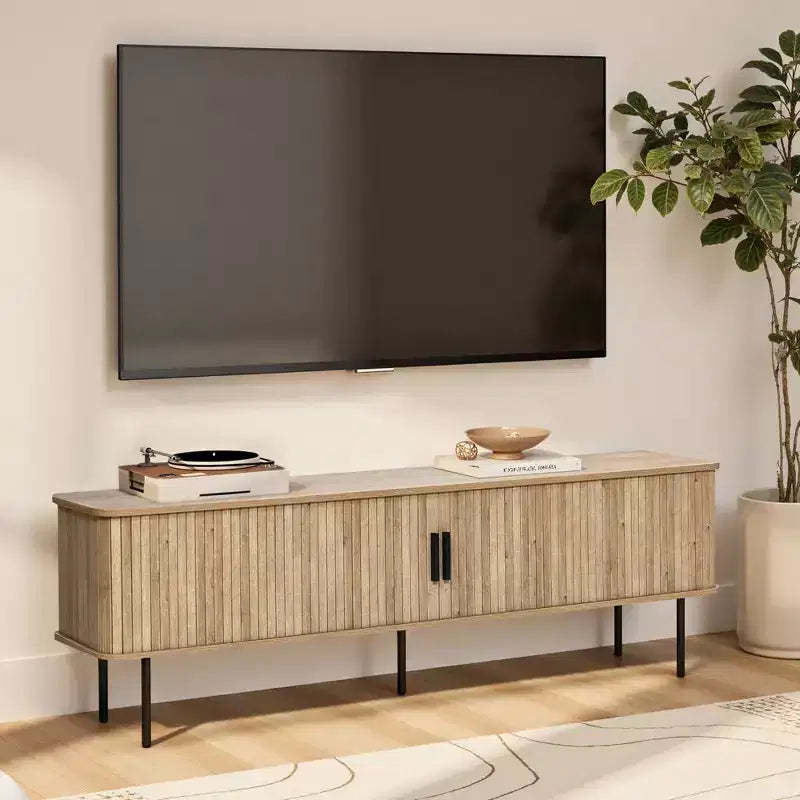 LuxenHome 62.6 Modern TV Stand with Storage for TVs Up to 65 Inch, Oak Entertainment Console with Sliding Doors Brown