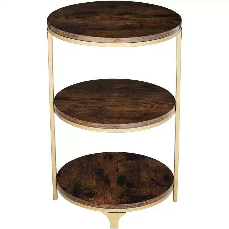 Studio 55D Keanu Farmhouse Rustic Bronze Round Accent Side End Table 15 1/4 Wide with 3-Shelf Brown Wood Tabletop for Living Room