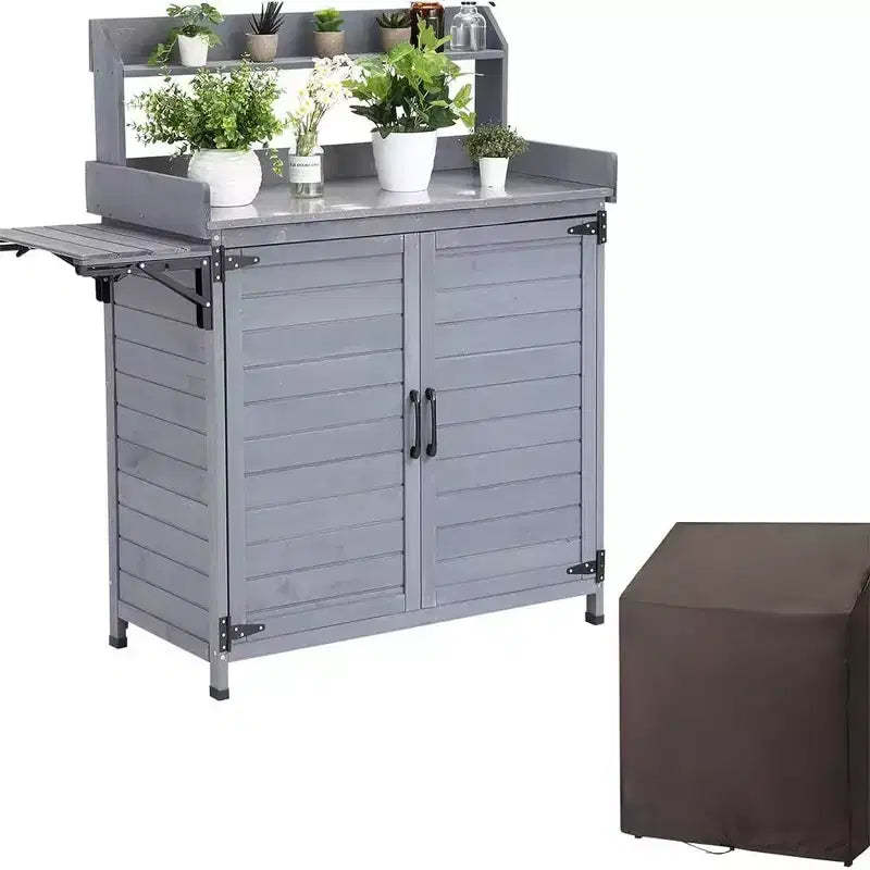 Garvee Outdoor Potting Bench Table Storage Cabinet, Work Bench with Storage Shelf & Galvanized Tabletop,Gray