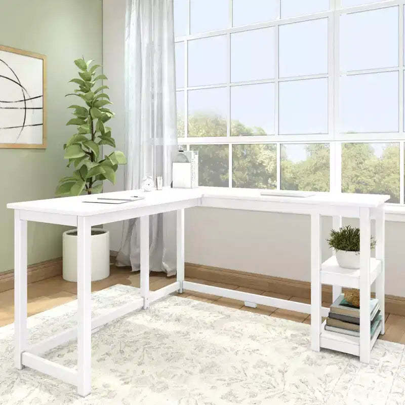 Plank+Beam Solid Wood Corner Desk for Home Office, Gaming, Computer with Storage Shelves