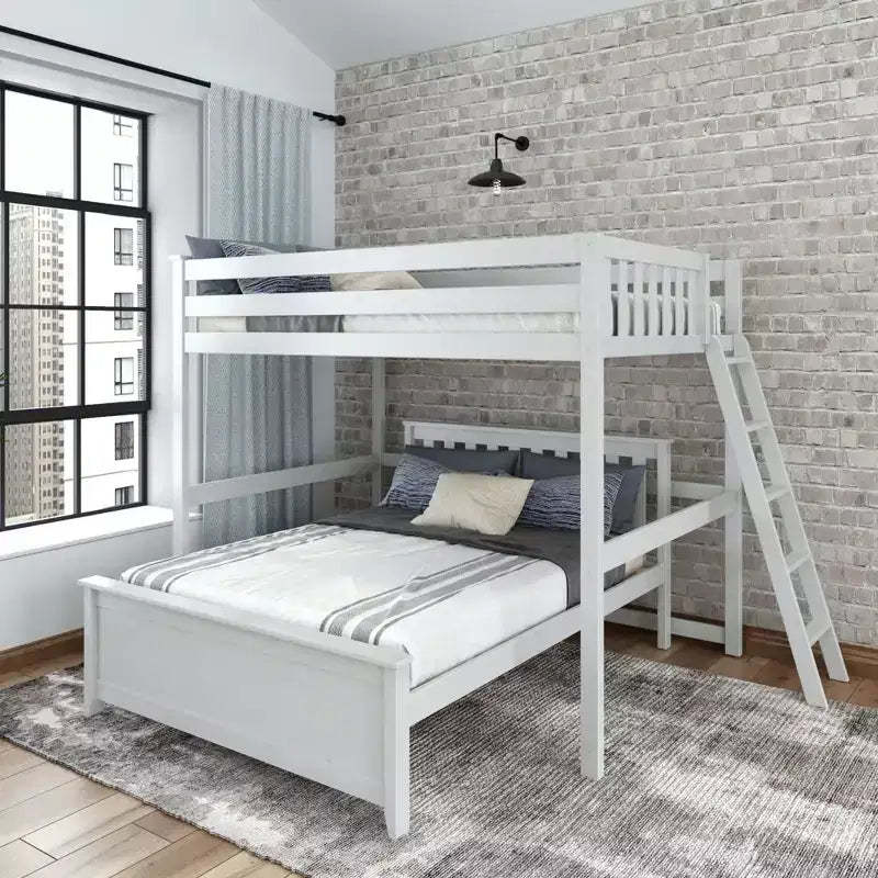 L-Shaped Full over Full Bunk Bed with Ladder on End