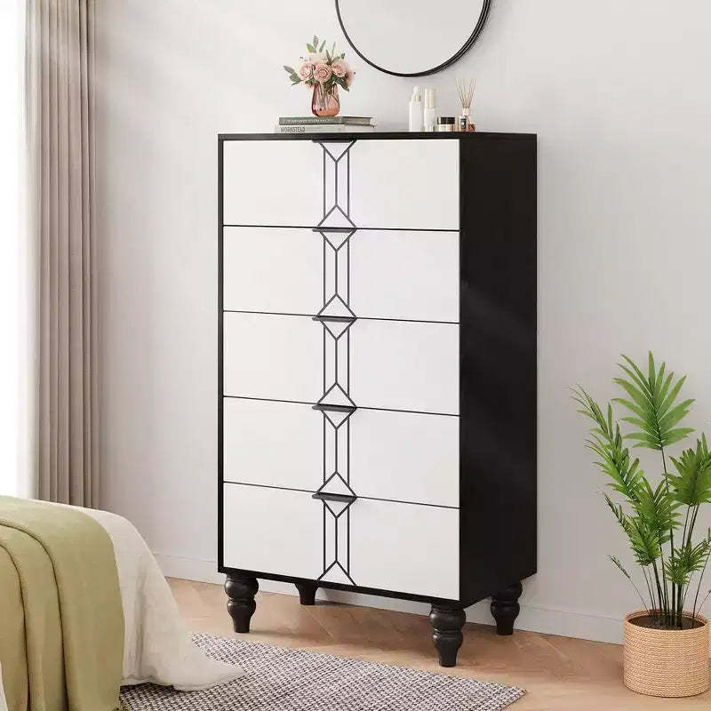 Whizmax Modern Wooden 5 Drawer Dresser with Vintage Pattern Design, Tall Dresser with Deep Drawers for Bedroom and Living Room, Black and White