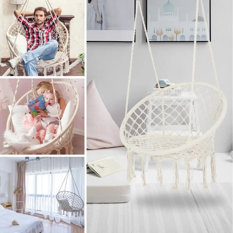 Indoor/ Outdoor Hammock Macrame Swing Chair with Cotton Rope