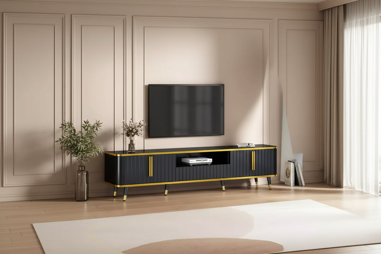 78.8 Minimalism TV Stand with Open Storage Shelf for TVs Up to 85'', Practical Media Console with a Drawer and 2 Cabinets, 4L-ModernLuxe