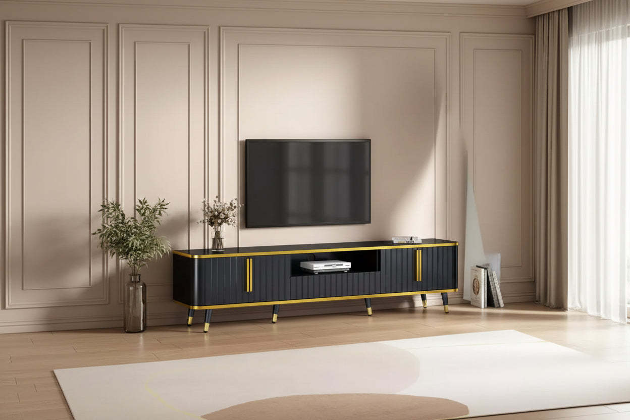 78.8 Minimalism TV Stand with Open Storage Shelf for TVs Up to 85'', Practical Media Console with a Drawer and 2 Cabinets, 4L-ModernLuxe