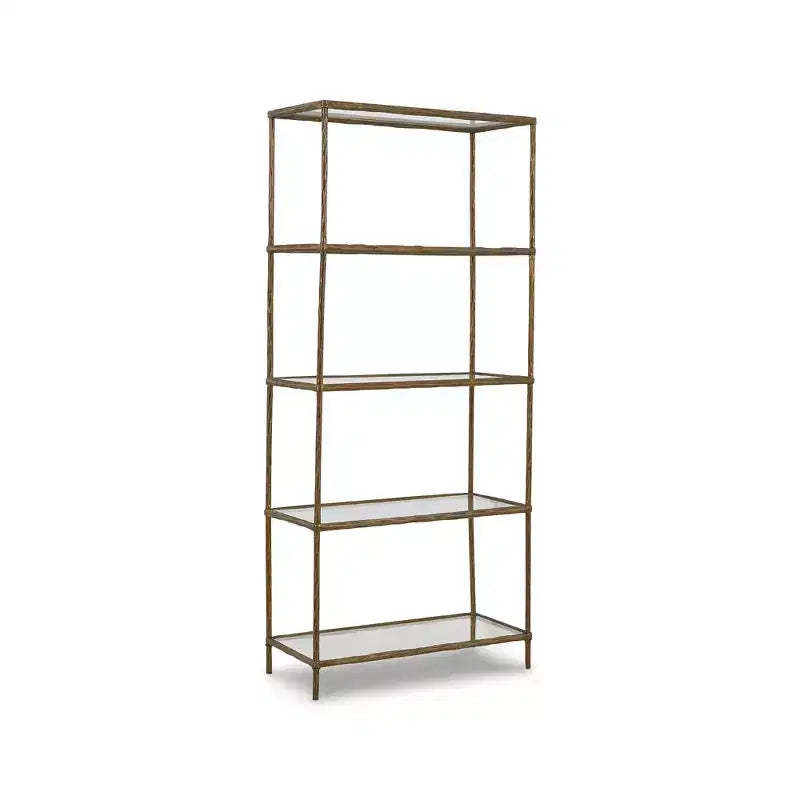 Signature Design by Ashley Ryandale 73 Bookcase, Antique Brass Finish Metal Frame with Clear Glass Shelves, Modern Industrial 5-Shelf Display