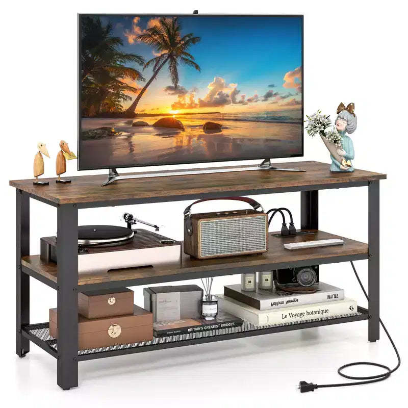 Costway TV Stand for TVs up to 50 Inches 3-tier TV Console Table with Power Outlets USB Ports Storage Shelves