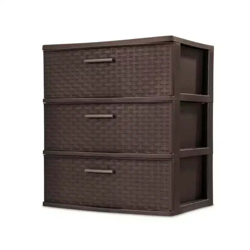 Sterilite 3 Drawer Wide Weave Storage Tower, Plastic Drawers to Organize Clothes in Bedroom, Closet, 2-Pack, Brown