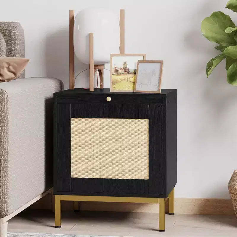 Whizmax Rattan End Table, Wood Nightstand with Tray for Living Room, Bedroom Side Table with Storage Shelf for Entryway, Small Spaces