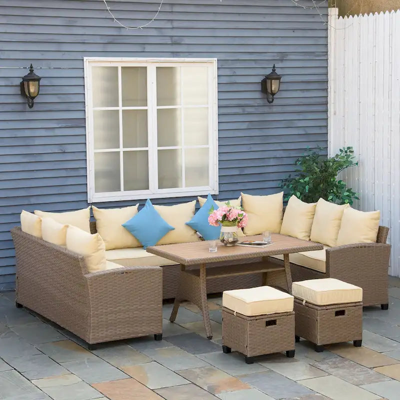 Outsunny 6 Piece Patio Wicker Sofa Set w/ Strip Wood Grain Plastic Coffee Table & Cushions, Mixed Grey - 68.5L x 24W x 28.25H