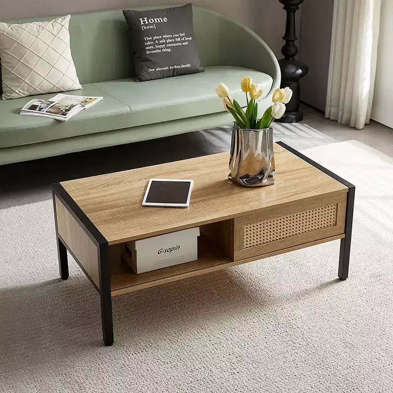 Rattan Coffee Table With Sliding Door Storage Metal Legs Boho Coffee Tables For Living Room 40.16 x 21.26 x 16.54 Inch