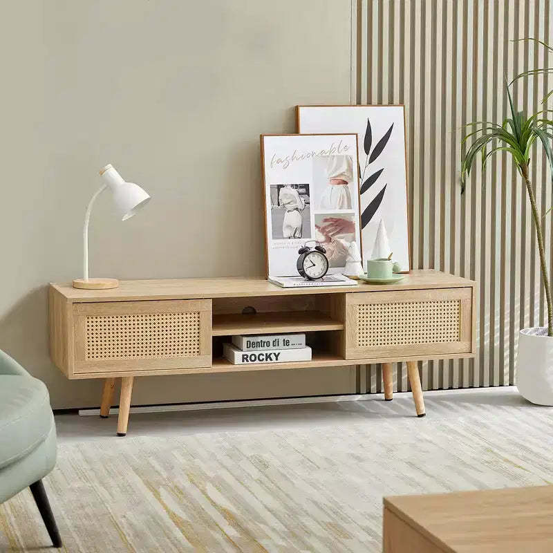 55.12 Rattan TV Cabinet TV Stand With Open Storage Shelves Double Sliding Doors Solid Wood Legs Media Console Table For Living Room Bedroom