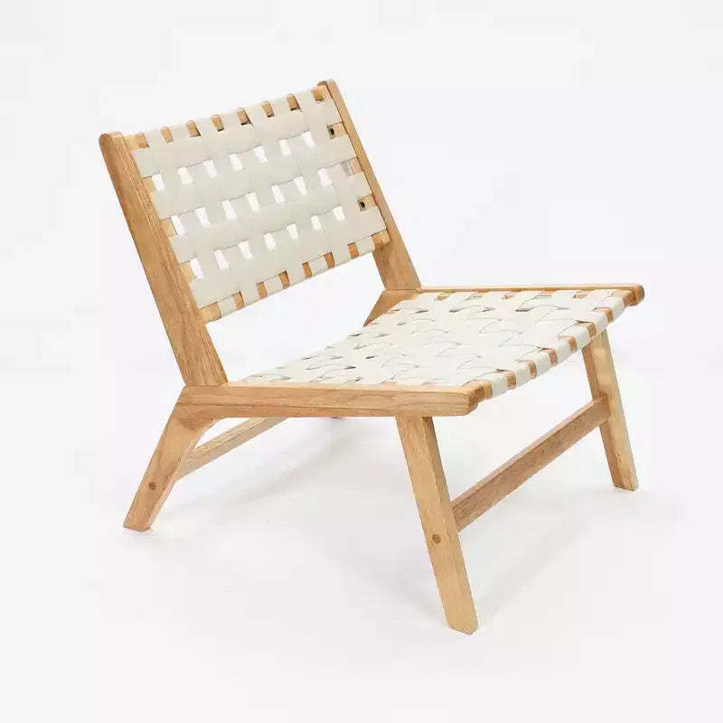 LuxenHome Natural Rubberwood with White PU Leather Low Profile Armless Accent Chair, Set of 2