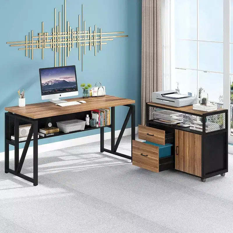 Lantine 55-inch L Shaped Desk with Drawer Cabinet, Executive Computer Desk for Home Office