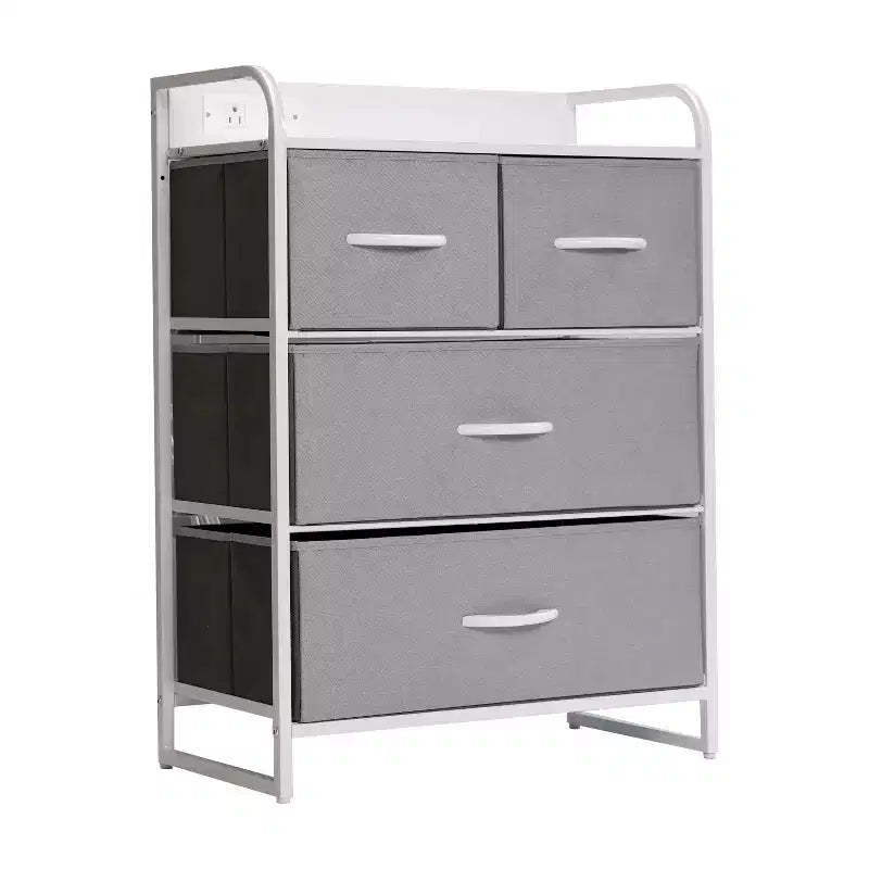 Emma and Oliver Nightstand with 4 Fabric Drawers, Charging Station with 2 USB Ports/Power Outlet, Engineered Wood Top, Wood Handles, Metal Frame