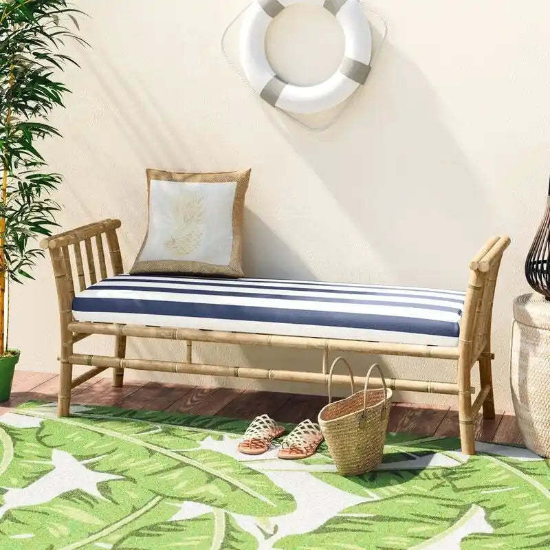 Bamboo Bench Sofa Ottoman Seat With Blue White Stripes Cushions