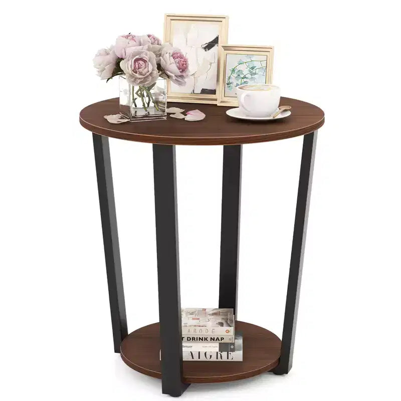Costway 2-Tier Accent Side Table w/ Open Shelf Sofa Table w/ Metal Frame Industrial Nightstand Bedside Table for Rustic