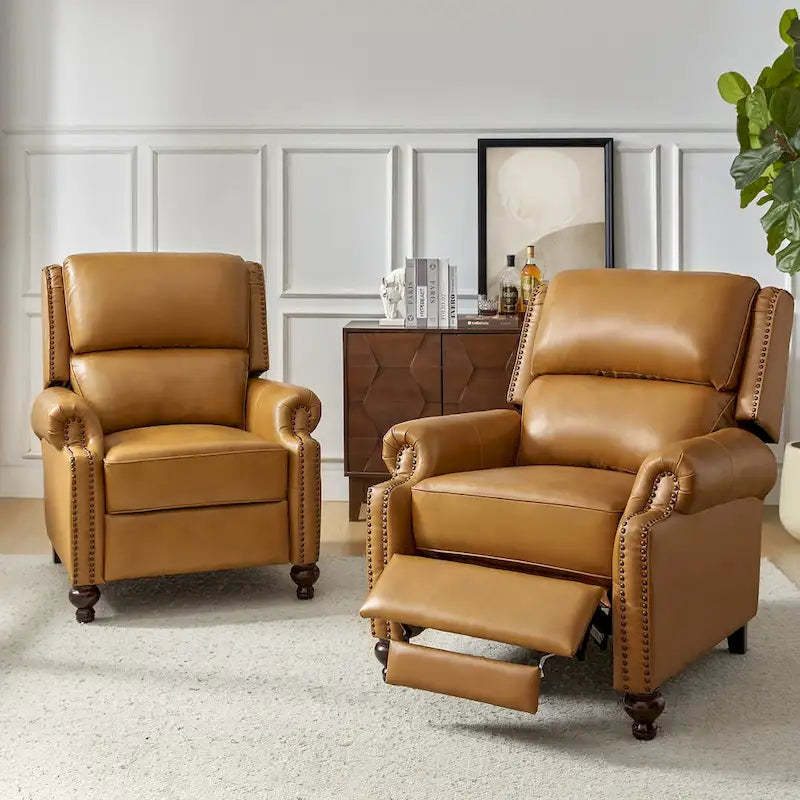 Gabriela Mid-Century Modern Genuine Leather Recliner Nail Head Trim Set of 2 by HULALA HOME