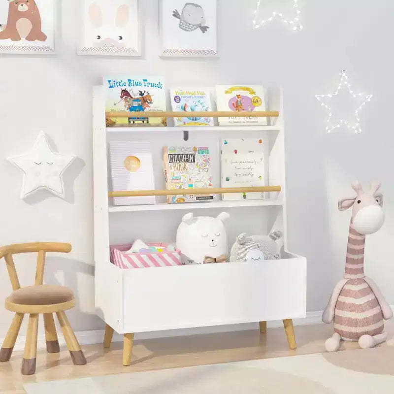 Kids Bookshelf with Toy Organizer, 3-Tier Wood Child Book Shelf, Toy Storage Organizer with Legs, Kids Bookcase for Children's Room, Nursery White