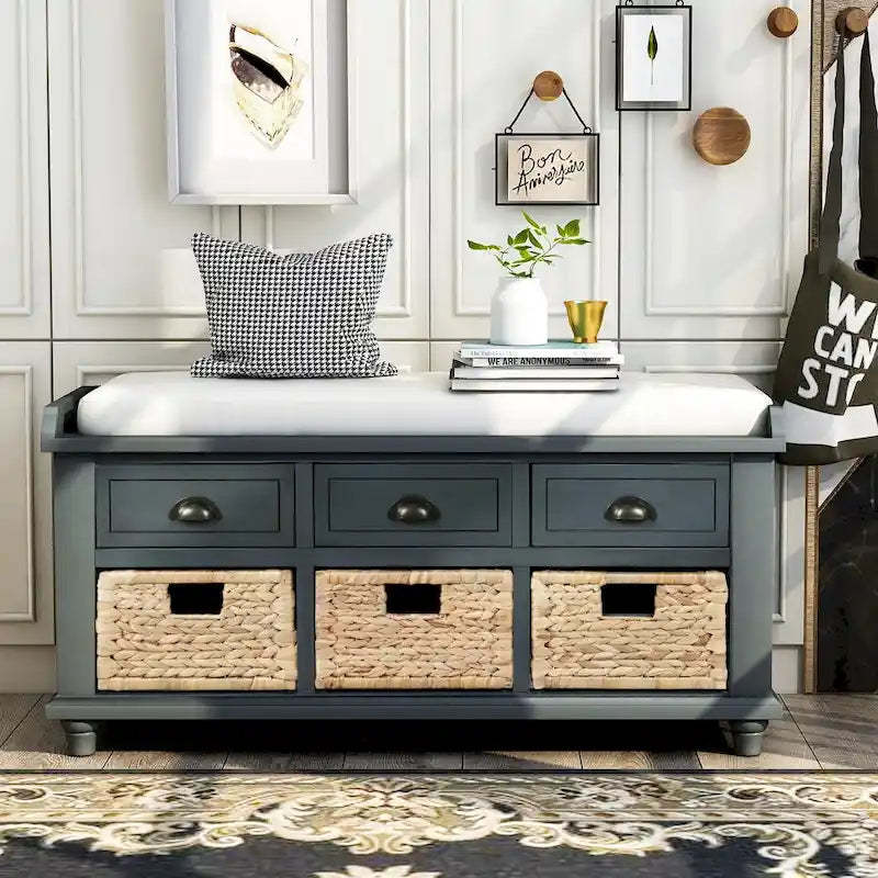 Rustic Storage Bench with 3 Drawers and 3 Rattan Baskets