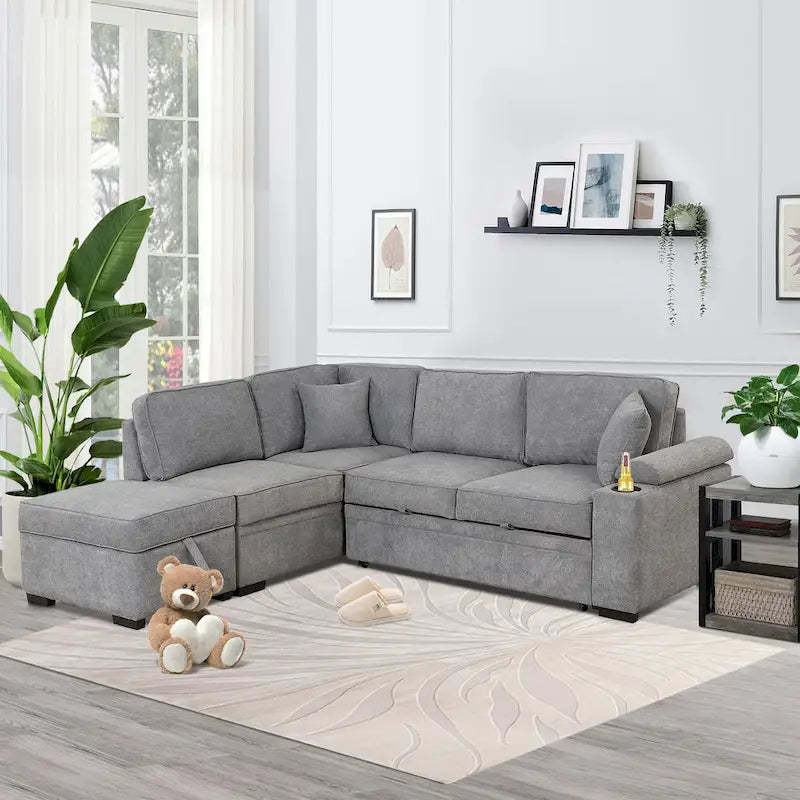 Nestfair 2 in 1 Pull Out Sofa Bed L Shape Couch with Storage Ottoman