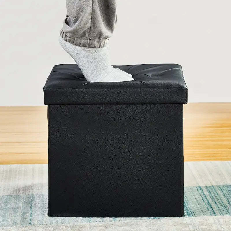 Folding Storage Ottoman, Foot Rest Stool Footstool, Leather Tufted Ottoman, Small Ottoman Cube for Living Room Bedroom Dorm