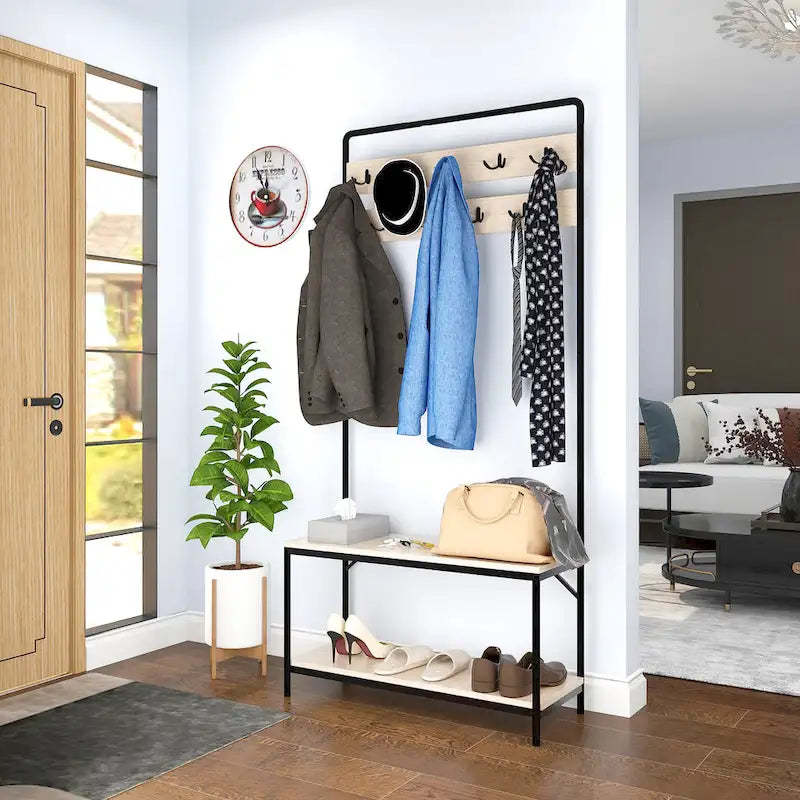 Lotus Home Oak Color Hall Tree 32 Wide with Bench and Shoe Storage - 31.5*11.5*67 inches