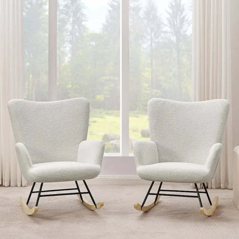 Javlergo 2 Piece Upholstered Teddy Rocking Chair with Storage Pockets Modern Rocking Accent Chairs Comfy Side Chair
