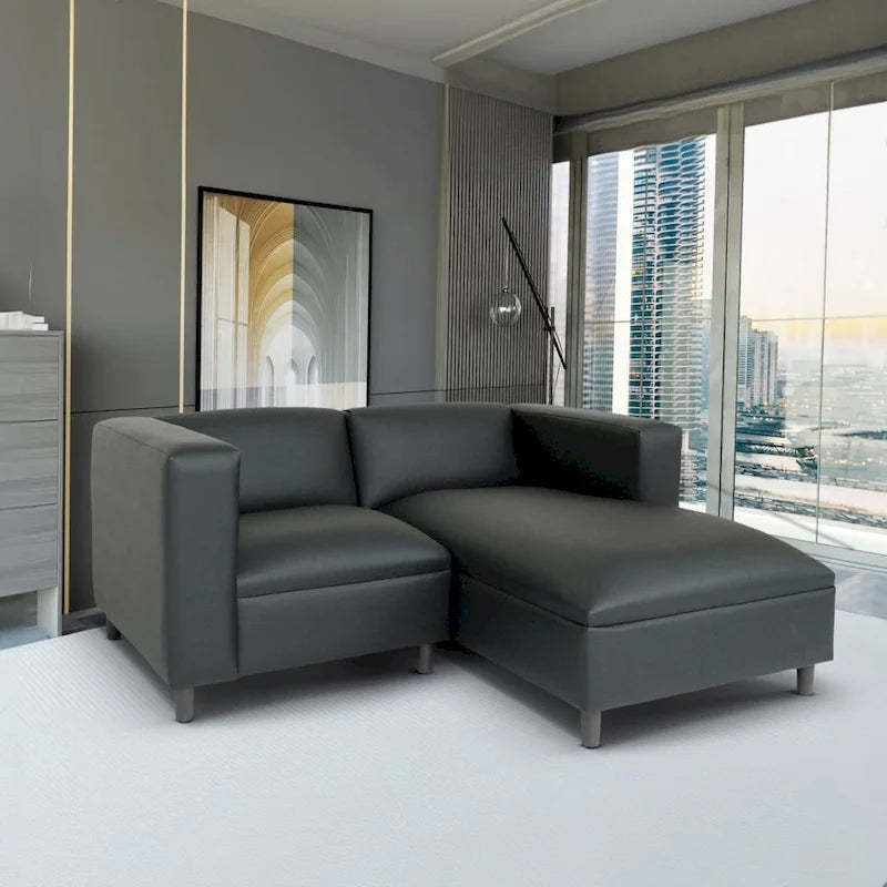 Coast to Coast Sofas Mid Century Modern L Shaped Sofa Faux Leather Solid Wood Frame Upholstered