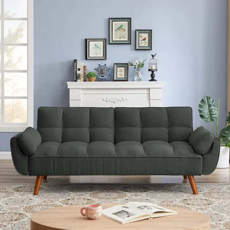 Futon bed Velvet Sofa, Adjustable Backrest Convertible Sleeper Futon Loveseat with Tapered Wood Legs for Living Room, Bedroom