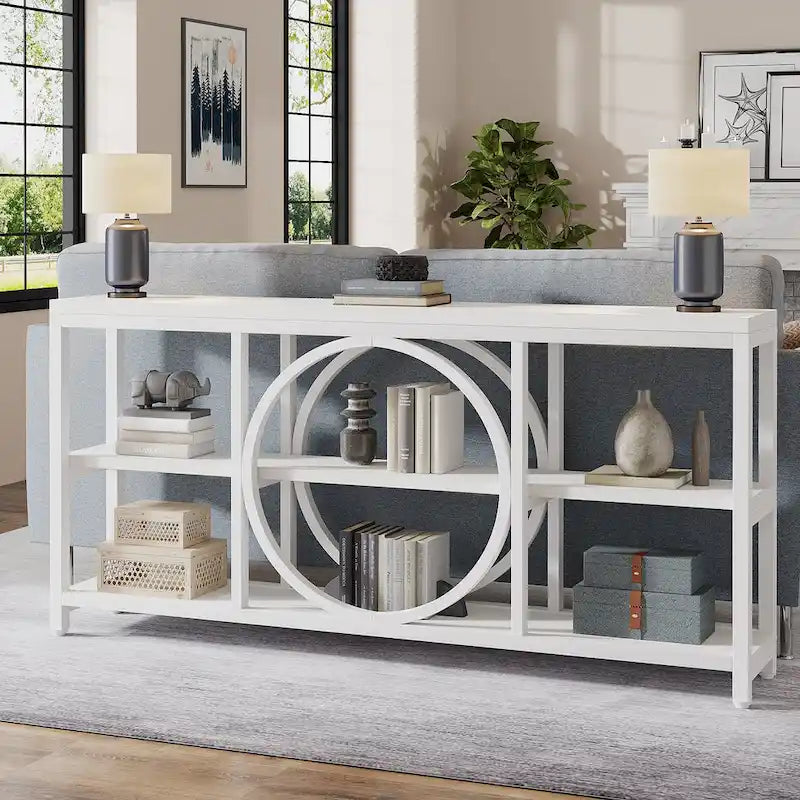 70.9 inch Sofa Console Table with 3 Tier Wood Storage Shelves Industrial Metal Frame for Foyer Hallway Living Room Behind Couch