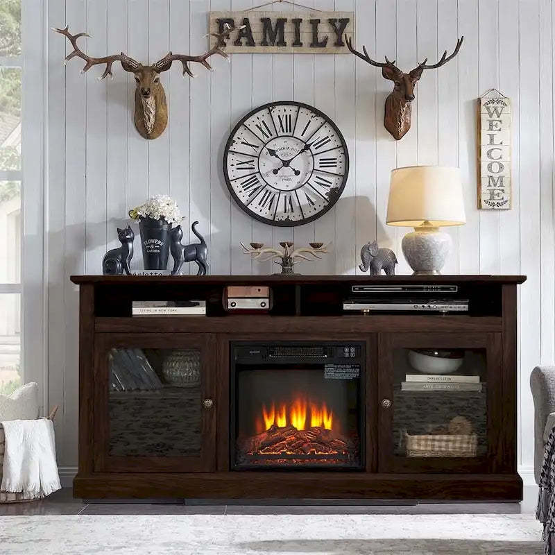 60W Retro Electric Fireplace TV Stand, Adjustable Shelves&Cabinets - 60W*15.75D*29H