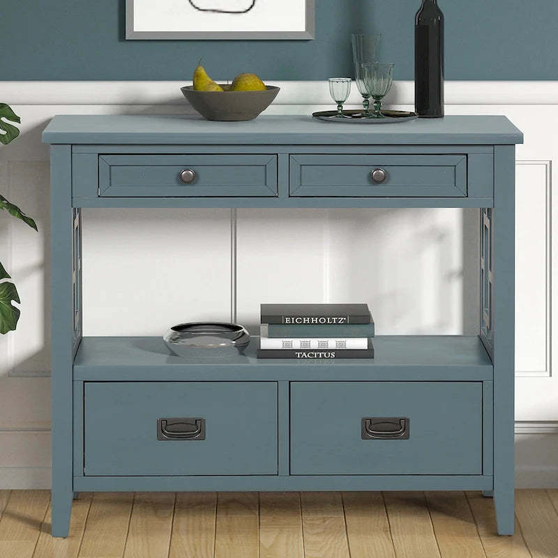 36 Farmhouse Pine Wood Console Table Entry Sofa Table with 4 Drawers & 1 Storage Shelf