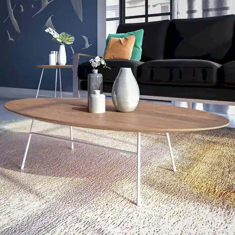 Rossmore Modern Oval Accent Coffee Table with White Powder Coated Steel Frame for Home Office Living Room Bedroom