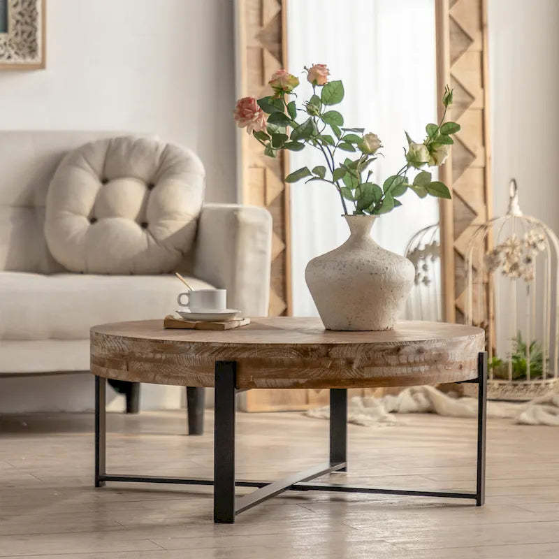 31.29Modern Retro Splicing Round Coffee Table , Fir Wood Table Top with Cross Legs Metal Base