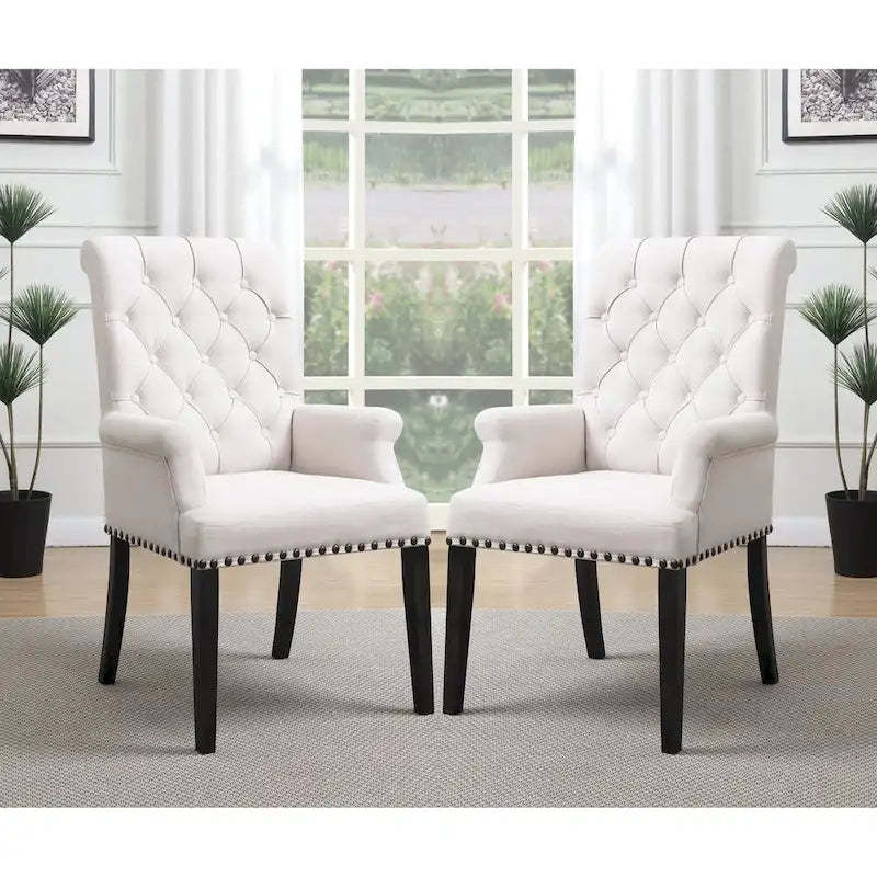 Rolled Back Design Button Tufted Beige Dining Arm Chair with Nailhead Trim