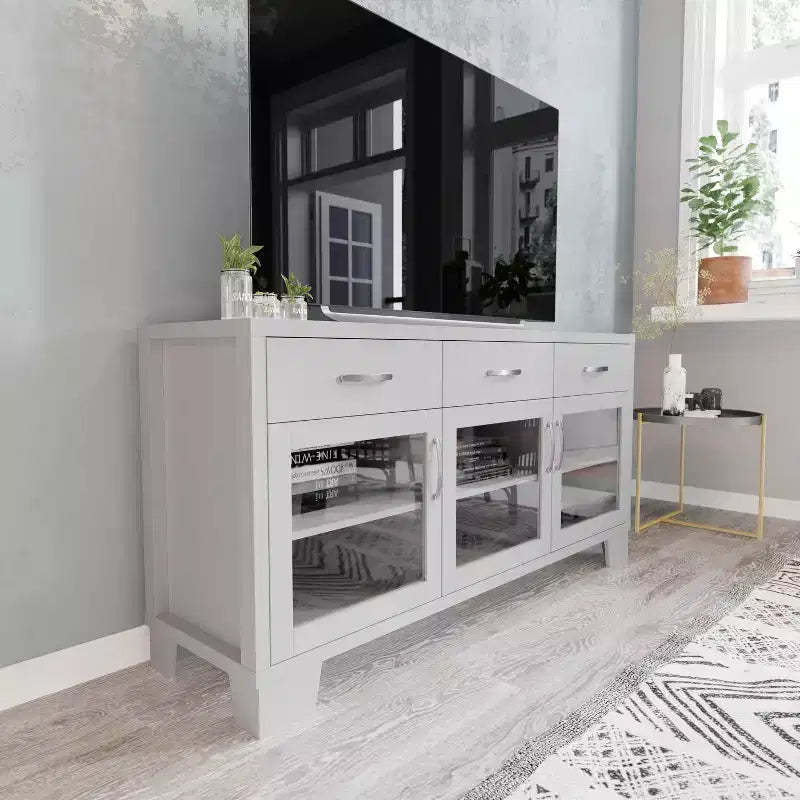 Flash Furniture Wells Modern Kitchen and Dining Room Buffet Sideboard Storage Cabinet, Engineered Wood with 3 Tempered Glass Doors and 3 Drawers