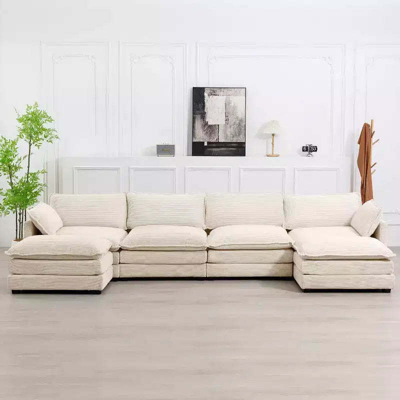 Hyleory 147 in. W 6-Piece Modern Corduroy Fabric Sectional Sofa with Double Ottomans