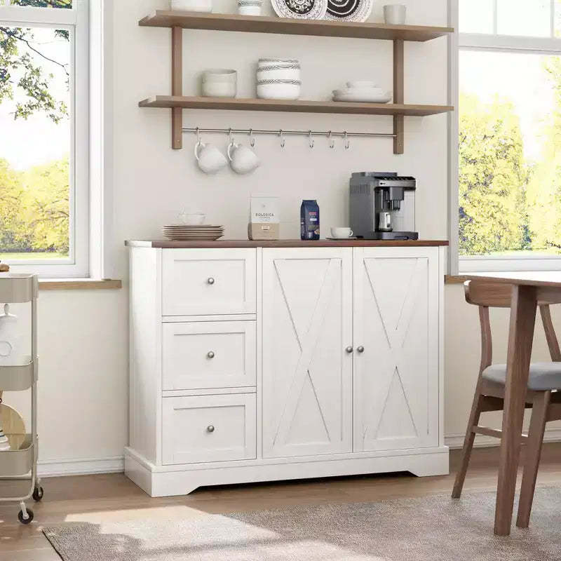 Garvee Buffet Cabinet with Storage, Coffee Bar Cabinet with 3 Drawers, Sideboard for Kitchen Dining Living Room, White