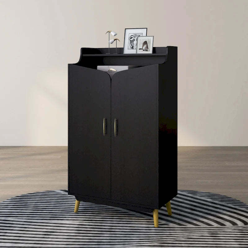DH BASIC Chic Mid-Century Modern Black with Gold 15-Pair Double-Door Shoe Cabinet by Denhour
