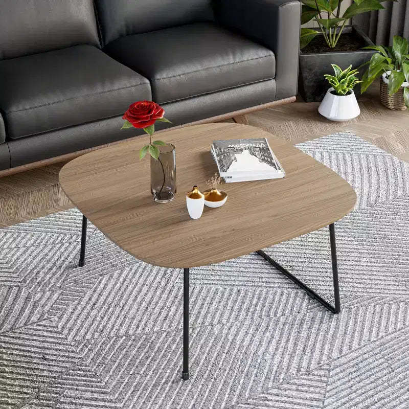 LeisureMod Pembroke Mid-Century Modern Square Coffee Table with Wood Top and Powder-Coated Iron Frame, Natural Wood
